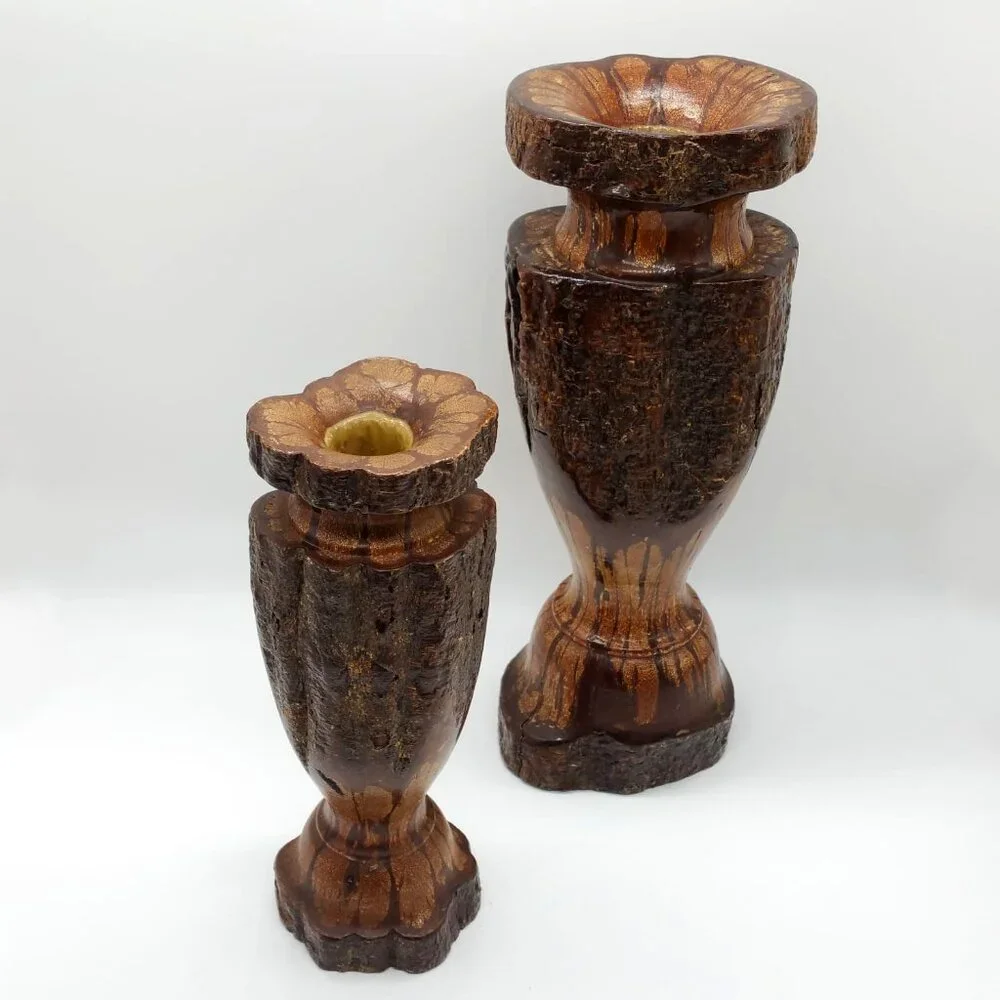 3 Vintage Chrysanthemum Wood Candle Stick Holders, Ikebana Vases, Decor